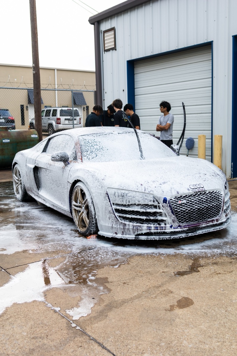 Silver Audi R8 in three-quarter angle after exterior detail
